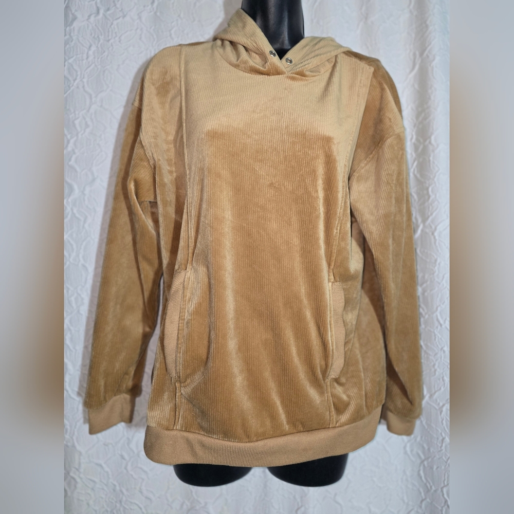 Time & Tru Women Tan Ribbed Velour Hoodie (No Drawstring)  Size S (4-6)